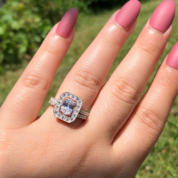 925 Sterling Silver Rectangular Engagement Ring Set - Picture 1 of 13